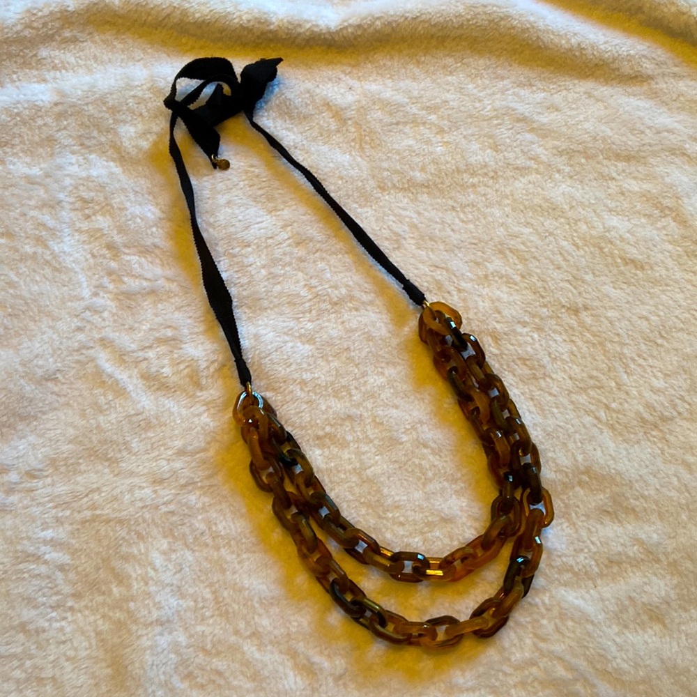 J. Crew Tortoiseshell-Link Double Strand Necklace with Black Ribbon